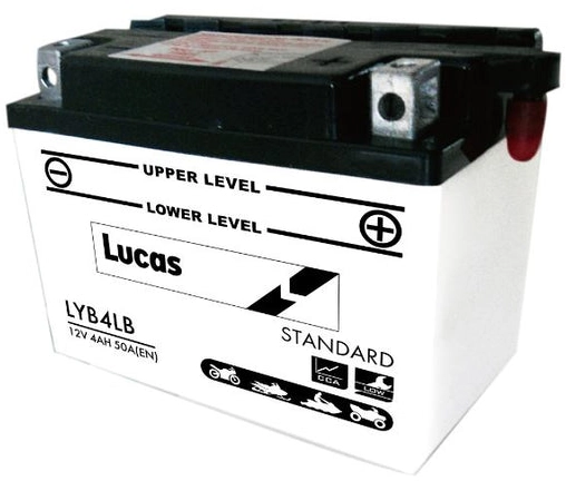 LUCAS 12V MOTORCYCLE BATTERY WITH ACID PACK LYB4LB