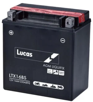 LUCAS 12V SEALED MOTORCYCLE BATTERY WITH ACID PACK LTX16BS
